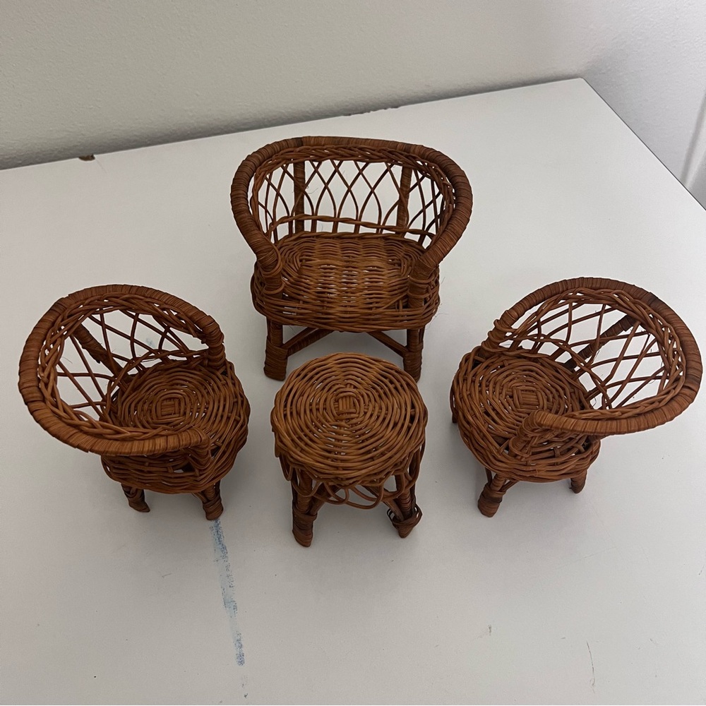 Mini Wicker Furniture Set – Dollhouse / Fairy Garden Chairs & Table